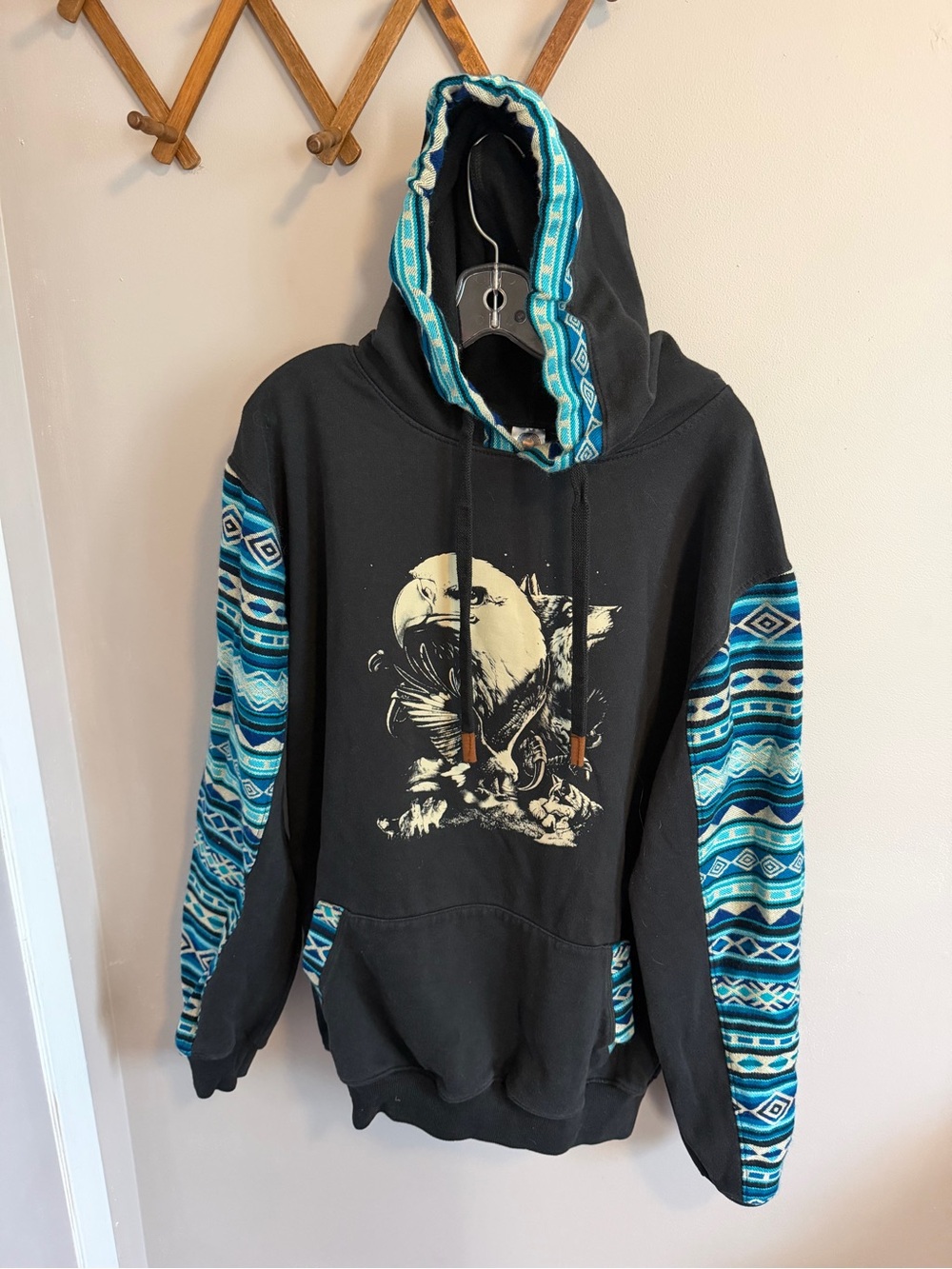 Rupay Black Eagle Wolf Southwest Tribal Pattern Pullover Hoodie XXL